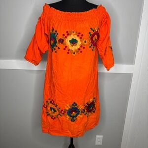 Traditional Mexican Dress Women L Orange Embroidered Smocked Off Shoulder